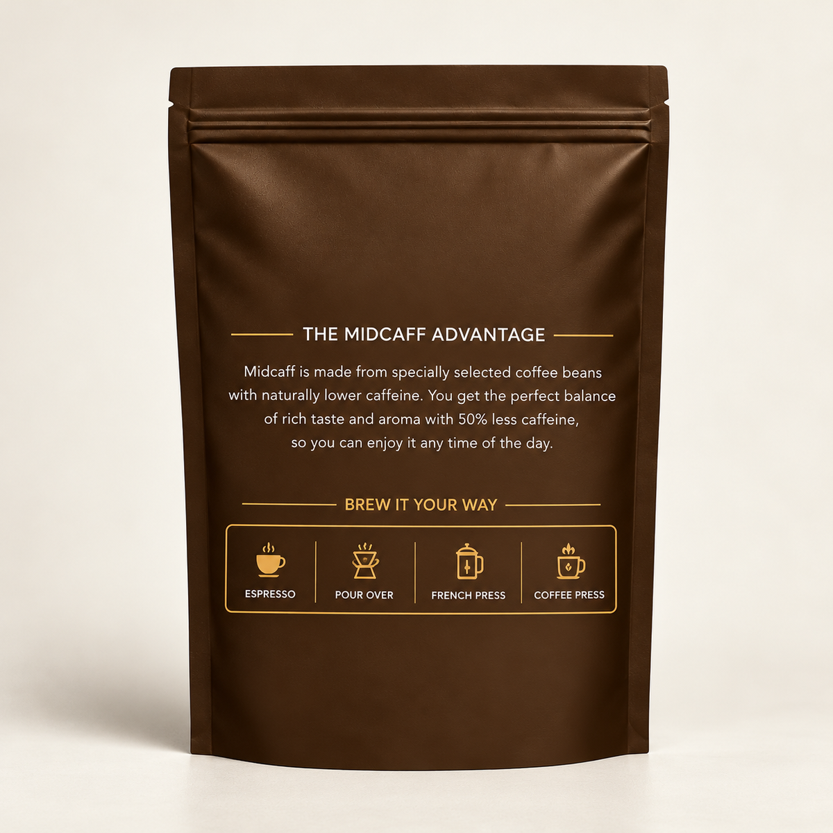 MidCaff® Medium Dark Roast Ground Coffee – 100% Arabica | 50% Less Caffeine | 250g
