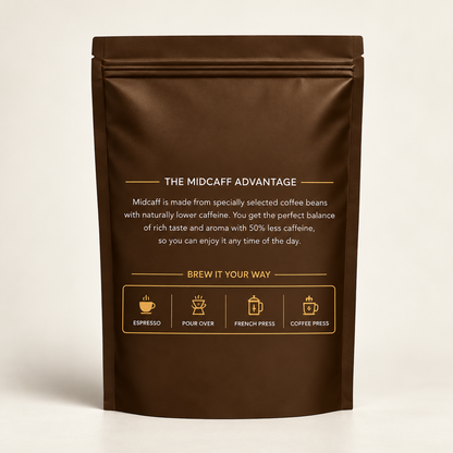 MidCaff® Medium Dark Roast Ground Coffee – 100% Arabica | 50% Less Caffeine | 250g