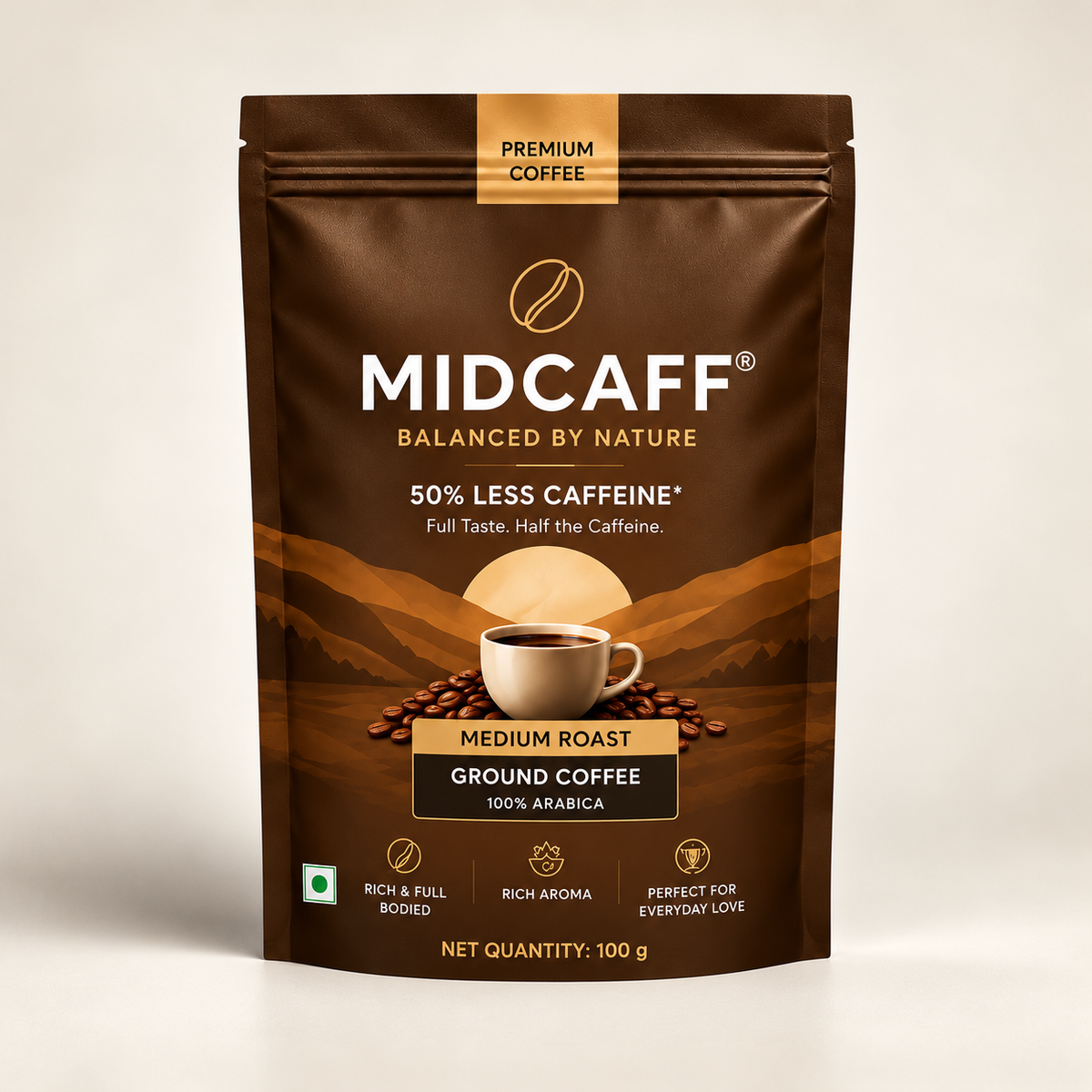MidCaff® Medium Dark Roast Ground Coffee – 100% Arabica | 50% Less Caffeine | 250g