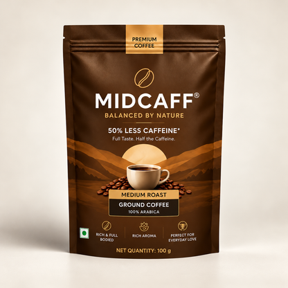 MidCaff® Medium Dark Roast Ground Coffee – 100% Arabica | 50% Less Caffeine | 250g
