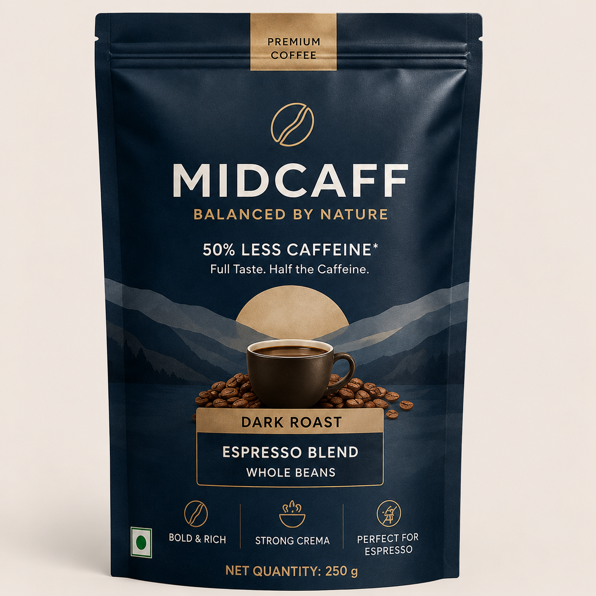 MidCaff® Dark Roast Espresso Blend – 100% Arabica Whole Beans | 50% Less Caffeine | 250g
