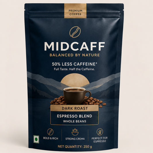 MidCaff® Dark Roast Espresso Blend – 100% Arabica Whole Beans | 50% Less Caffeine | 250g
