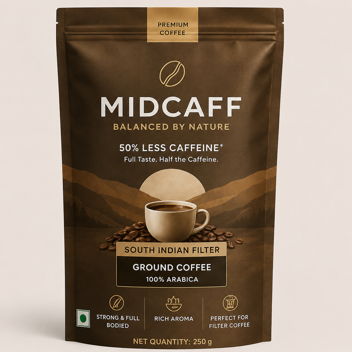 MidCaff® South Indian Filter Coffee – 100% Arabica Ground Coffee | 50% Less Caffeine | 250g